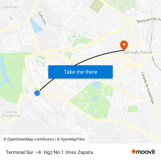 Terminal Sur to Hgz No.1 Imss Zapata map