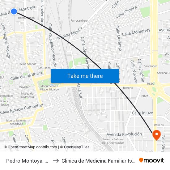 Pedro Montoya, 406 to Clinica de Medicina Familiar Issste map