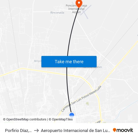 Porfirio Díaz, 212 to Aeropuerto Internacional de San Luis Potosí map