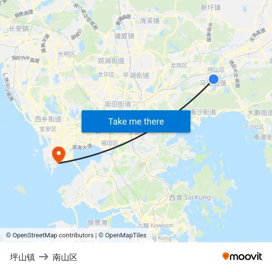 坪山镇 to 南山区 map