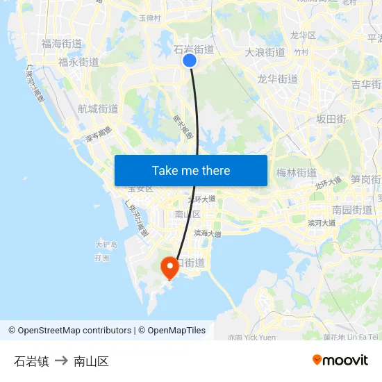 石岩镇 to 南山区 map