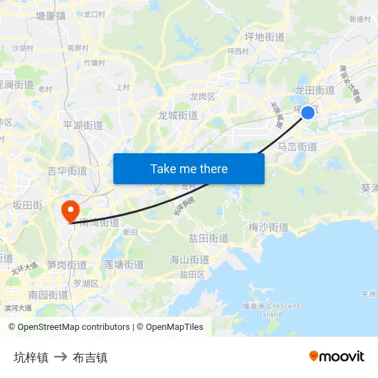 坑梓镇 to 布吉镇 map