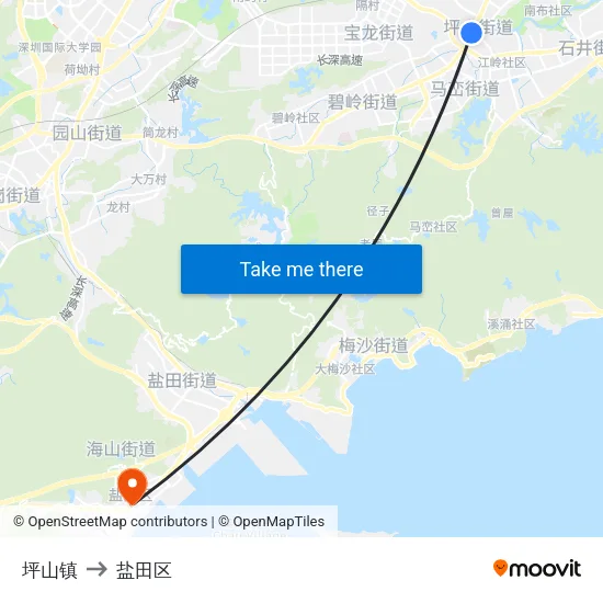 坪山镇 to 盐田区 map