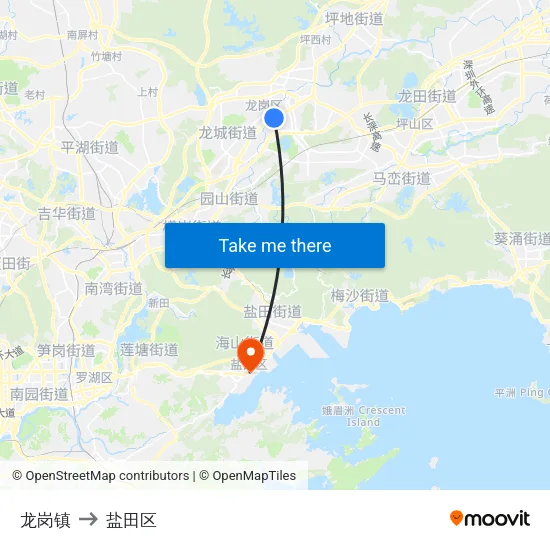 龙岗镇 to 盐田区 map