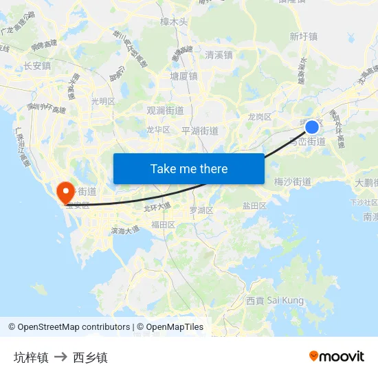 坑梓镇 to 西乡镇 map