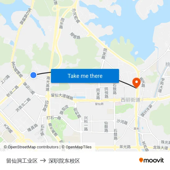 留仙洞工业区 to 深职院东校区 map