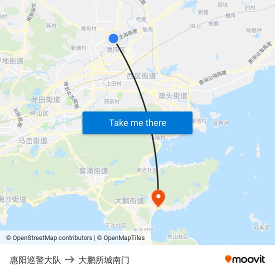 惠阳巡警大队 to 大鹏所城南门 map