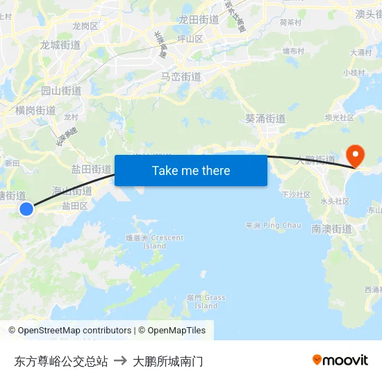 东方尊峪公交总站 to 大鹏所城南门 map