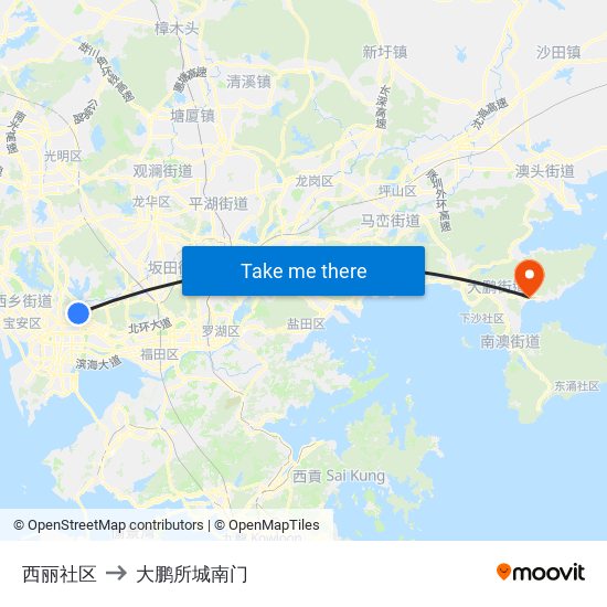 西丽社区 to 大鹏所城南门 map