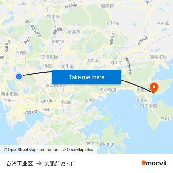 台湾工业区 to 大鹏所城南门 map