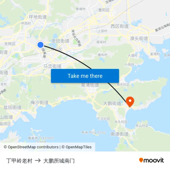 丁甲岭老村 to 大鹏所城南门 map