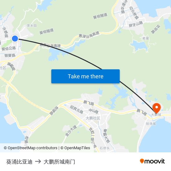 葵涌比亚迪 to 大鹏所城南门 map