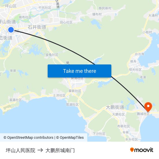 坪山人民医院 to 大鹏所城南门 map