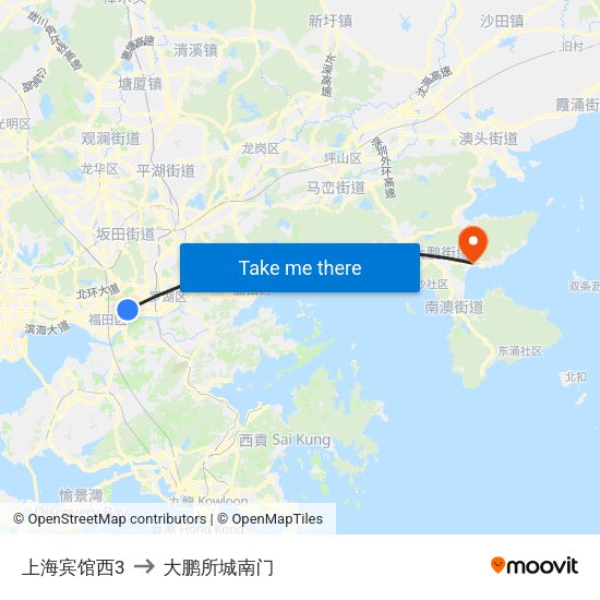 上海宾馆西3 to 大鹏所城南门 map