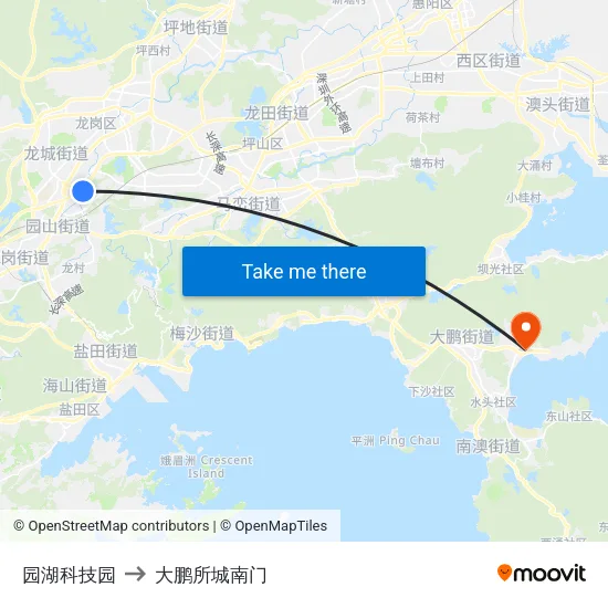 园湖科技园 to 大鹏所城南门 map