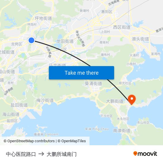 中心医院路口 to 大鹏所城南门 map