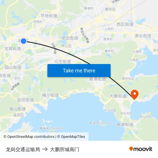 龙岗交通运输局 to 大鹏所城南门 map