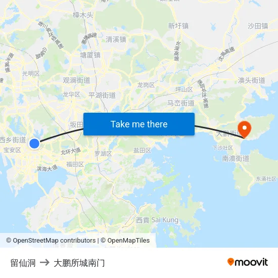 留仙洞 to 大鹏所城南门 map