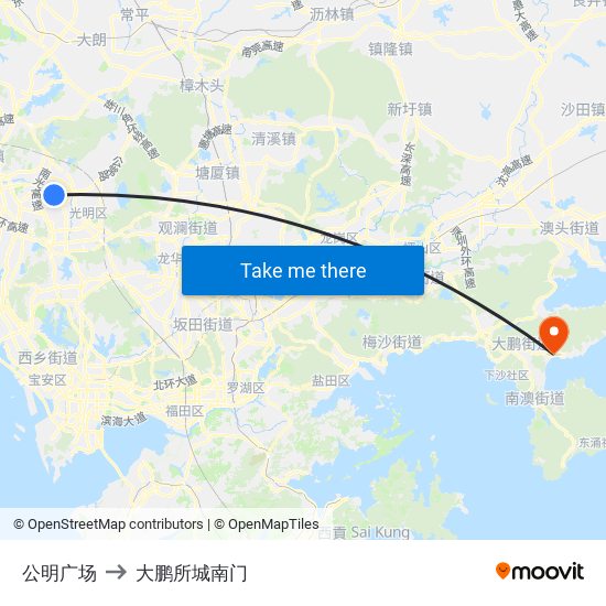 公明广场 to 大鹏所城南门 map