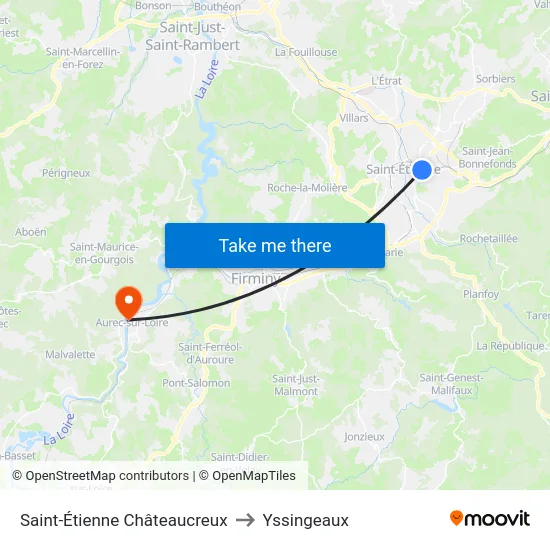 Saint-Étienne Châteaucreux to Yssingeaux map