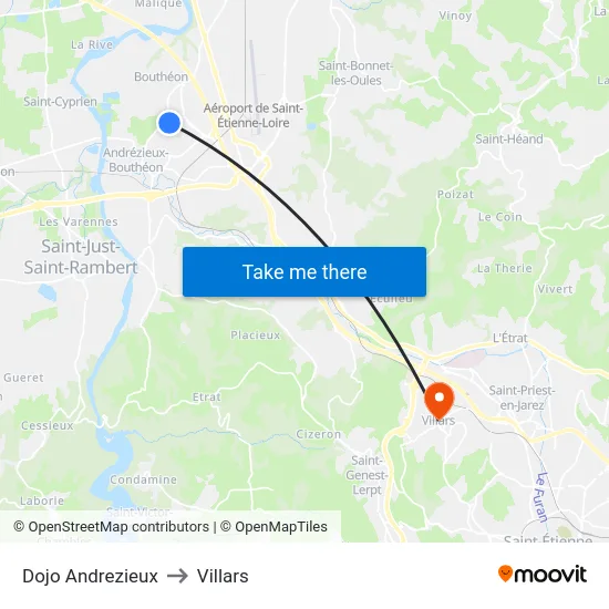 Dojo Andrezieux to Villars map