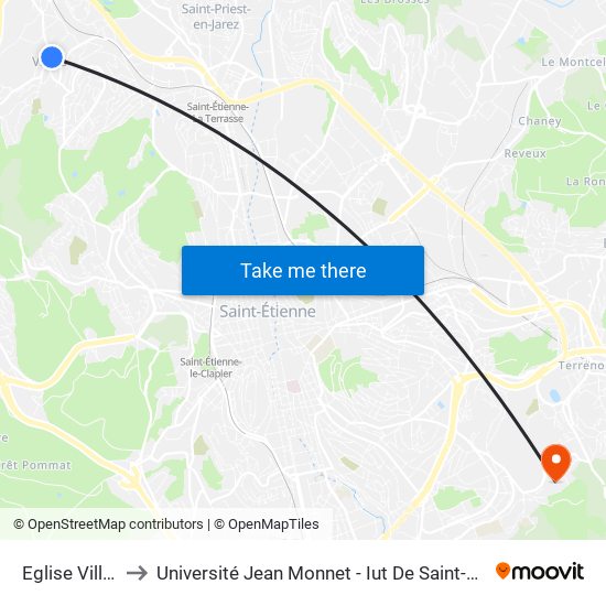 Eglise Villars to Université Jean Monnet - Iut De Saint-Etienne map