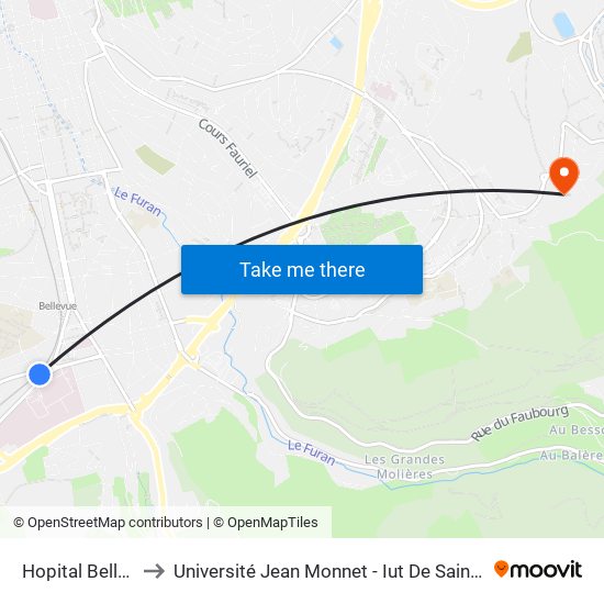 Hopital Bellevue to Université Jean Monnet - Iut De Saint-Etienne map