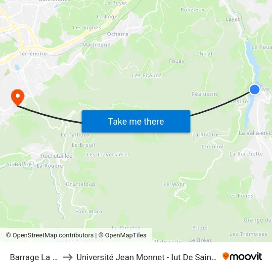 Barrage La Rive to Université Jean Monnet - Iut De Saint-Etienne map