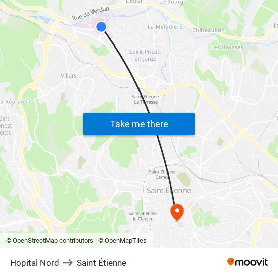 Hopital Nord to Saint Étienne map