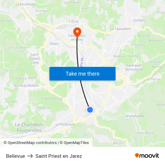 Bellevue to Saint Priest en Jarez map
