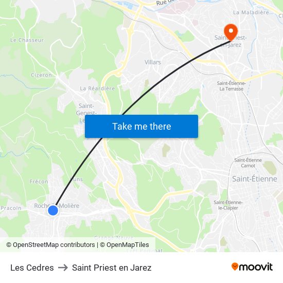 Les Cedres to Saint Priest en Jarez map