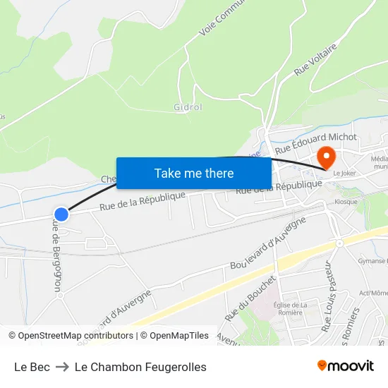 Le Bec to Le Chambon Feugerolles map