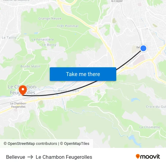 Bellevue to Le Chambon Feugerolles map