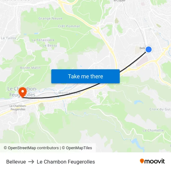 Bellevue to Le Chambon Feugerolles map