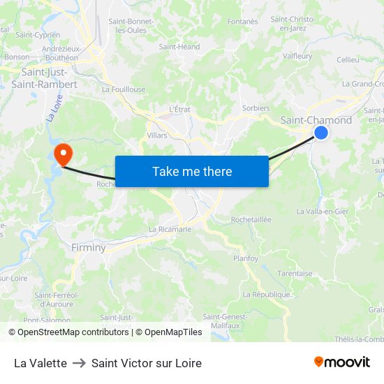 La Valette to Saint Victor sur Loire map