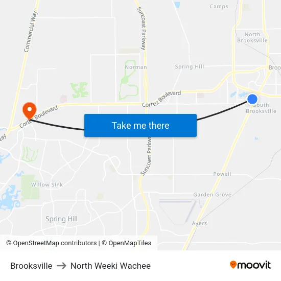 Brooksville to North Weeki Wachee map