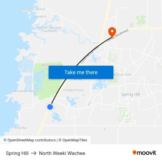 Spring Hill to North Weeki Wachee map