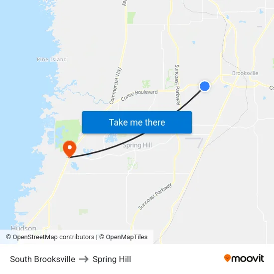 South Brooksville to Spring Hill map