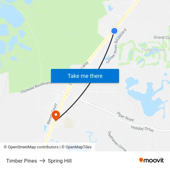 Timber Pines to Spring Hill map