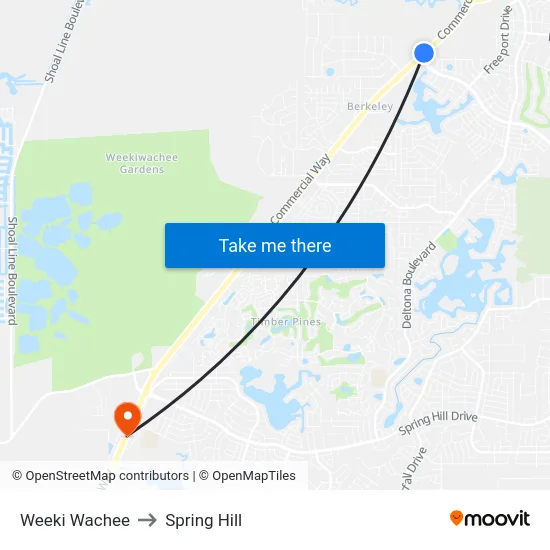 Weeki Wachee to Spring Hill map