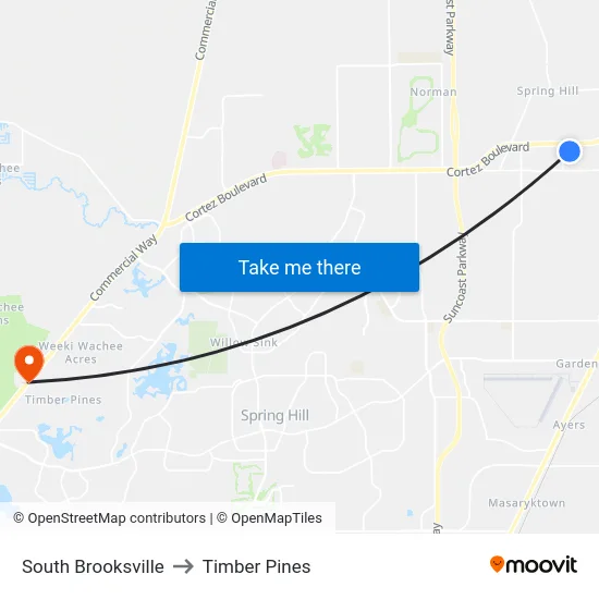 South Brooksville to Timber Pines map