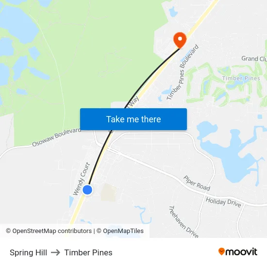 Spring Hill to Timber Pines map