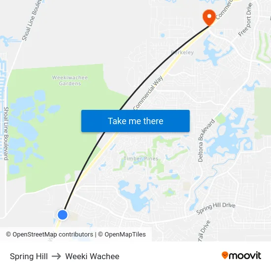 Spring Hill to Weeki Wachee map