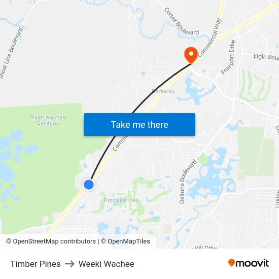 Timber Pines to Weeki Wachee map