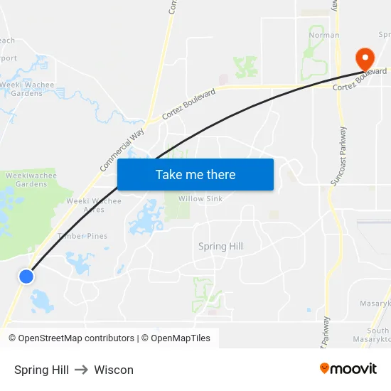 Spring Hill to Wiscon map