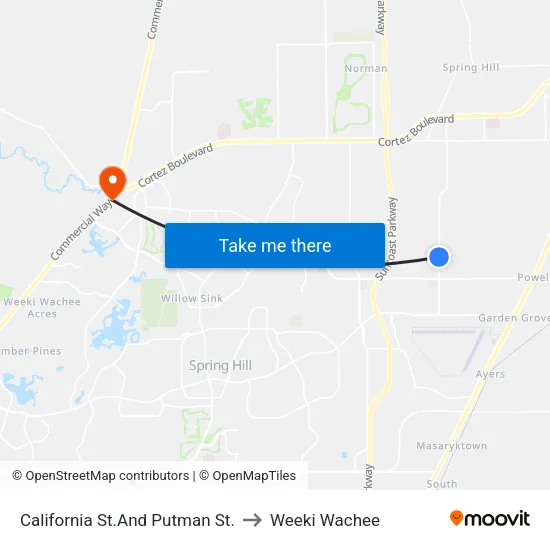 California St.And Putman St. to Weeki Wachee map