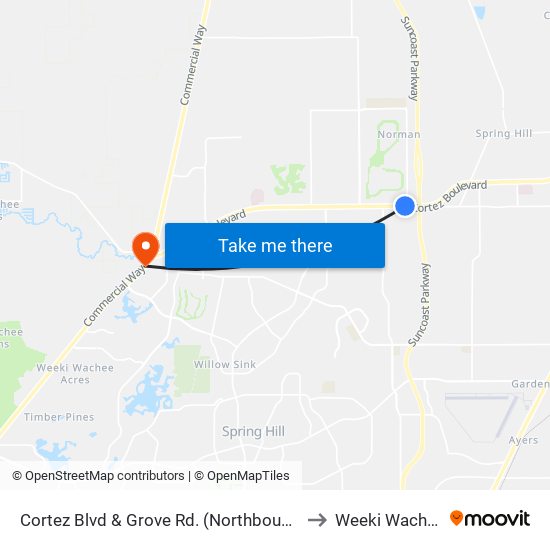 Cortez Blvd  & Grove Rd. (Northbound) to Weeki Wachee map