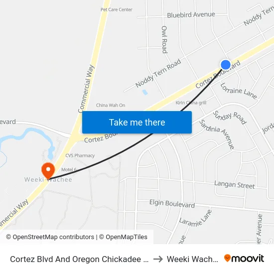 Cortez Blvd And Oregon Chickadee Rd to Weeki Wachee map