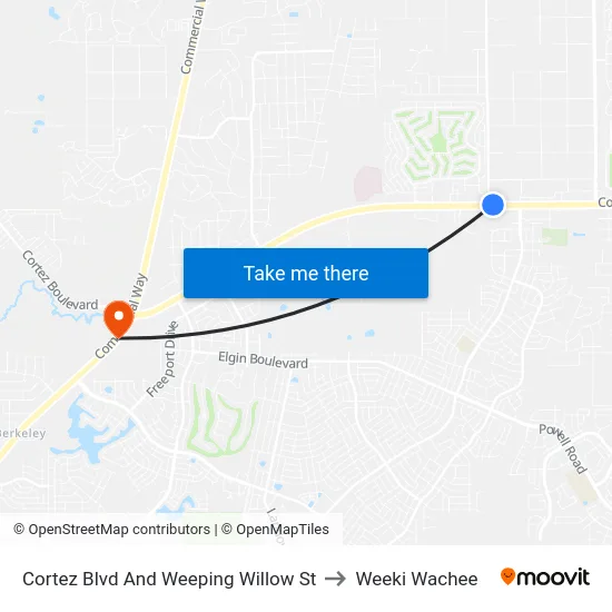 Cortez Blvd And Weeping Willow St to Weeki Wachee map