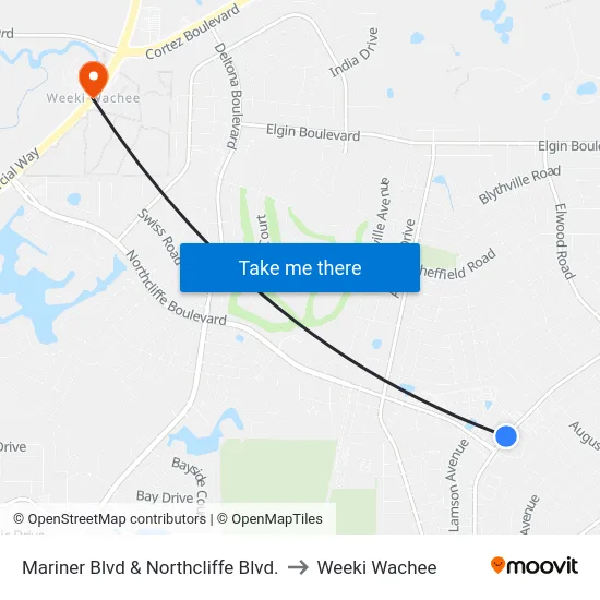 Mariner Blvd & Northcliffe Blvd. to Weeki Wachee map